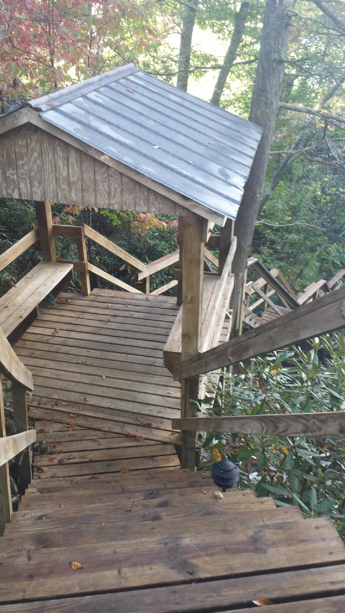 Metal roofed shelter over wooden steps on a wooded walkway — Skylight Repair & Installation work by our crew in Cayce